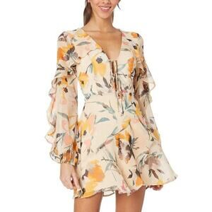 BCBGeneration Sz 6 Tie Front Ruffle Dress Long Sleeve Floral Cut Out Back Mini